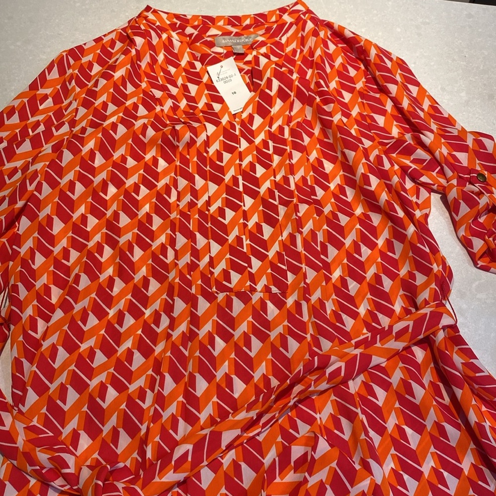 New Banana Republic Geometric Print Belt Front Pleated Dress OrangeMulti Size10 - Picture 14 of 15